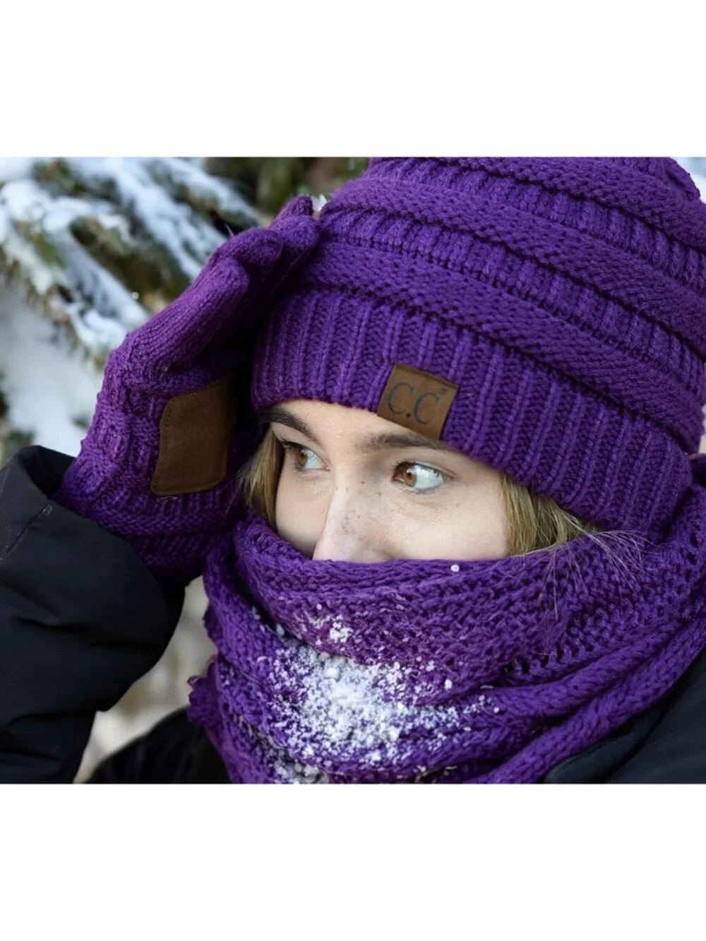 Hat Scarf Glove Set for Women – Matching Winter Set with Ribbed Knit Beanie, Inf
